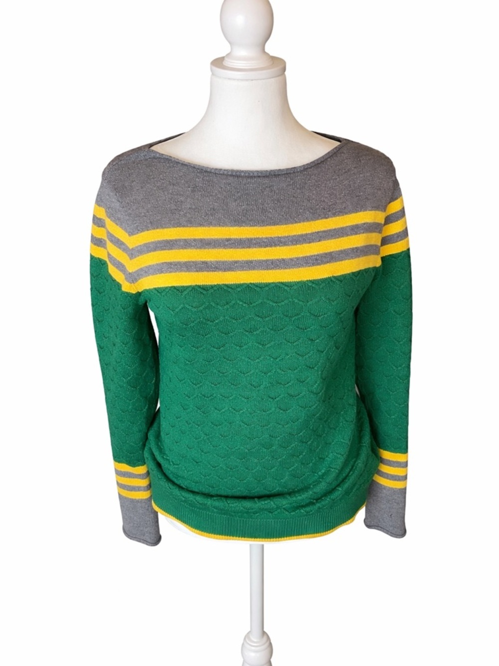 Women's Green Cable Knit Sweater with Gray & Yellow Stripes